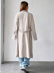 SHEIN EZwear 西裝領雙排釦腰帶風衣外套 - 米色 - 查看 2