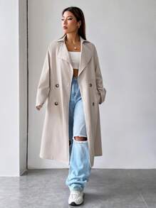 SHEIN EZwear 西裝領雙排釦腰帶風衣外套 - 米色 - 查看 3