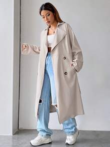 SHEIN EZwear 西裝領雙排釦腰帶風衣外套 - 米色 - 查看 1