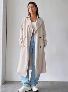 SHEIN EZwear 西裝領雙排釦腰帶風衣外套 - 米色 - 查看 5