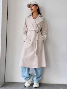 SHEIN EZwear 西裝領雙排釦腰帶風衣外套 - 米色 - 查看 6