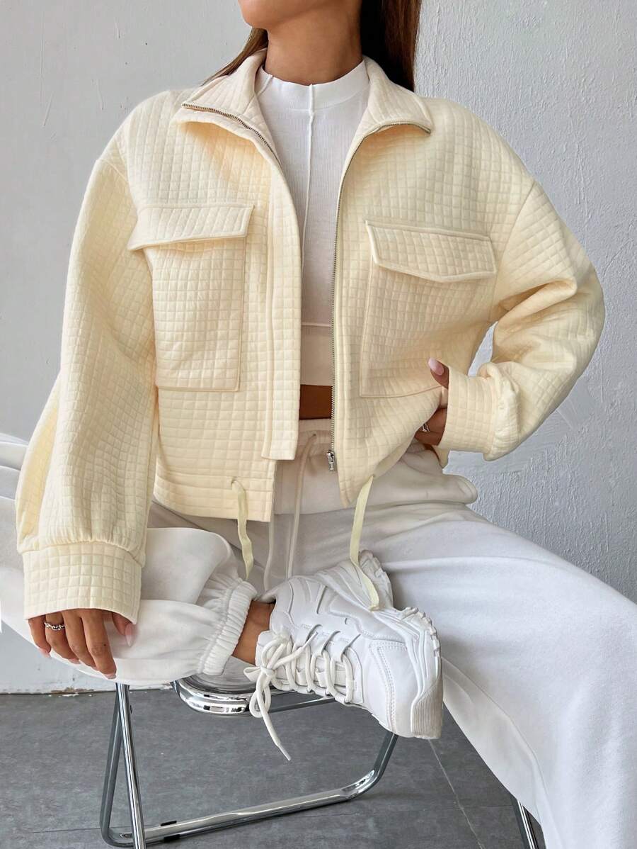 Muchica 翻蓋口袋落肩袖抽繩下擺拉鏈開襟夾克 - 米色 - 查看 1