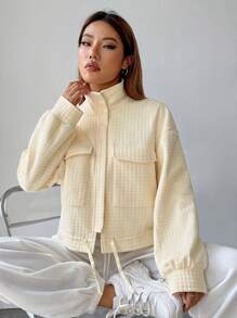 Muchica 翻蓋口袋落肩袖抽繩下擺拉鏈開襟夾克 - 米色 - 查看 4