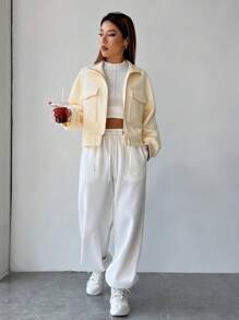 Muchica 翻蓋口袋落肩袖抽繩下擺拉鏈開襟夾克 - 米色 - 查看 5