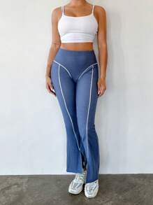 SHEINNeu Top-stitching Split Hem Flare Leg Leggings - Blue - View 3