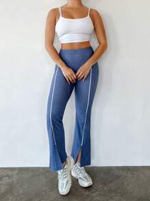 SHEINNeu Top-stitching Split Hem Flare Leg Leggings - Blue - View 4