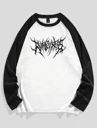 ROMWE MEN Goth Men Letter Graphic Raglan Sleeve Tee, School, Fall