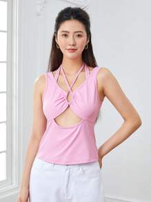 SHEINNeu Cut Out Crisscross Front Tank Top - Baby Pink - View 1