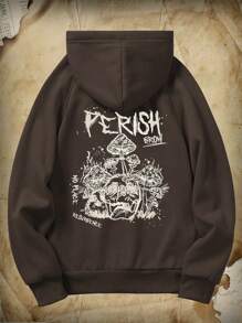 ROMWE MEN Academia Các bạn Nấm & Đồ họa Chữ cái Tay Raglan Dây rút Áo hoodie ấm áp - Cà phê nâu - Xem 1