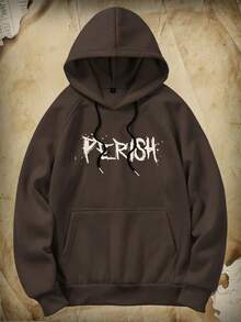 ROMWE MEN Academia Các bạn Nấm & Đồ họa Chữ cái Tay Raglan Dây rút Áo hoodie ấm áp - Cà phê nâu - Xem 2