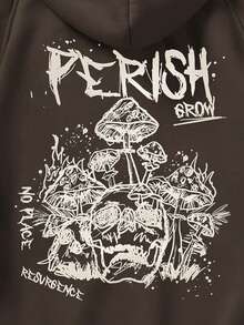 ROMWE MEN Academia Các bạn Nấm & Đồ họa Chữ cái Tay Raglan Dây rút Áo hoodie ấm áp - Cà phê nâu - Xem 3