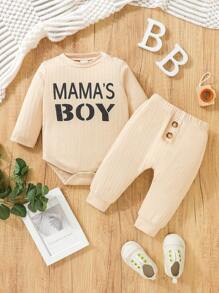 SHEIN Baby Boy Letter Graphic Bodysuit & Fake Button Sweatpants - Apricot - View 1