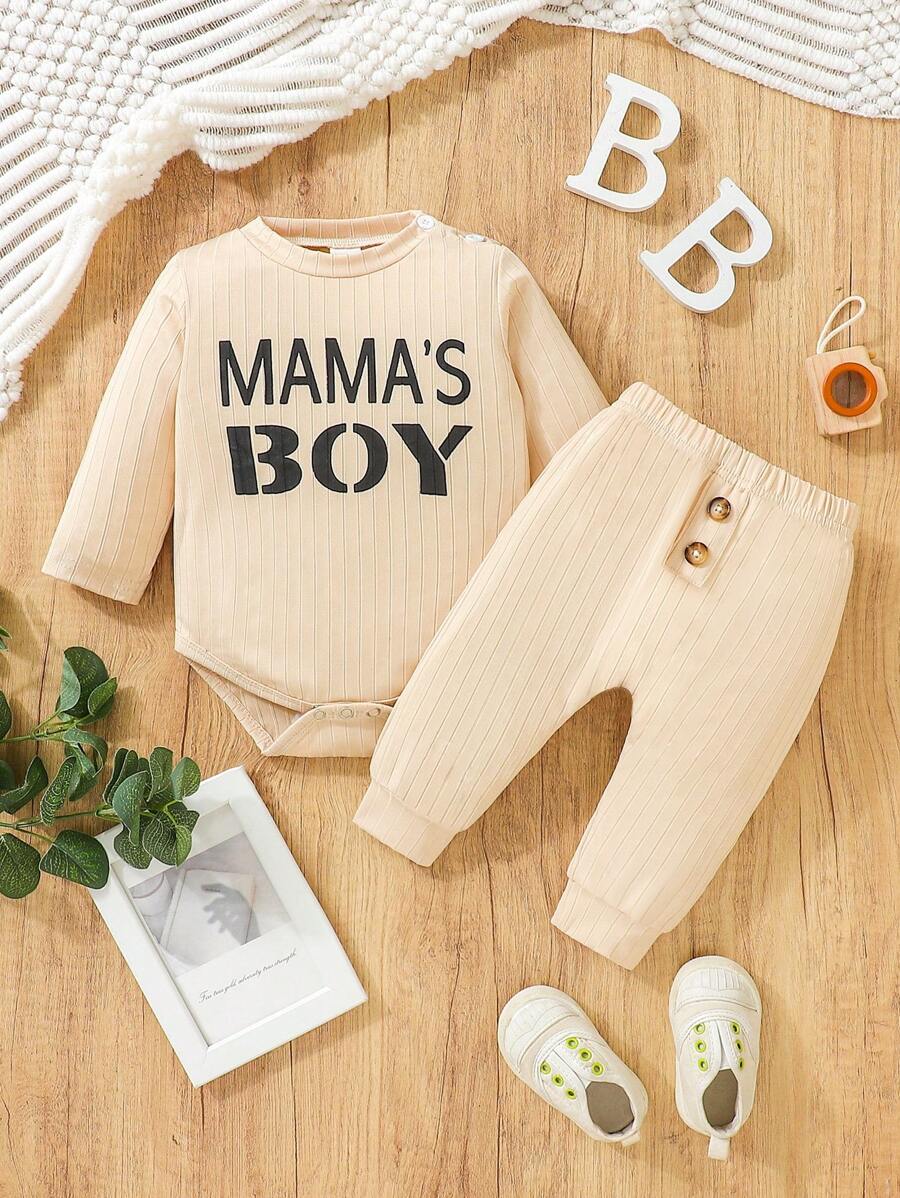 SHEIN Baby Boy Letter Graphic Bodysuit & Fake Button Sweatpants - Apricot - View 1