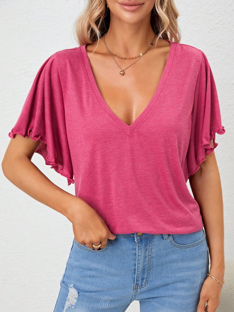 SHEIN LUNE Solid Lettuce Trim Butterfly Sleeve Tee - Hot Pink - View 1