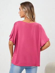 SHEIN LUNE Solid Lettuce Trim Butterfly Sleeve Tee - Hot Pink - View 2