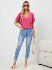 SHEIN LUNE Solid Lettuce Trim Butterfly Sleeve Tee - Hot Pink - View 3
