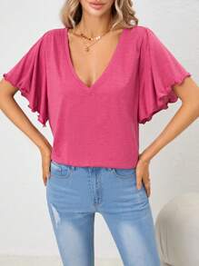 SHEIN LUNE Solid Lettuce Trim Butterfly Sleeve Tee - Hot Pink - View 4