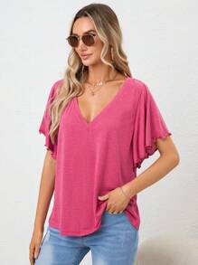 SHEIN LUNE Solid Lettuce Trim Butterfly Sleeve Tee - Hot Pink - View 6