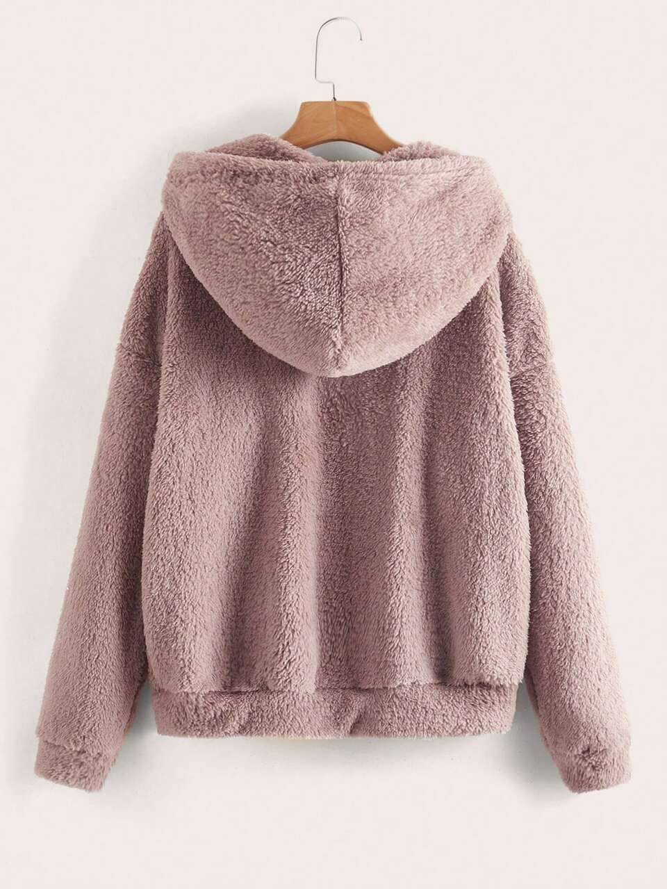 Zip Up Drop Shoulder Drawstring Hooded Teddy Jacket In Fall/Winter,Casual