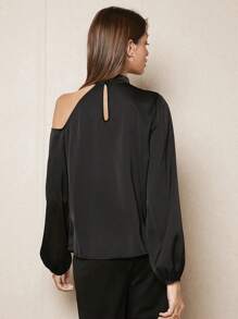 BizChic Asymmetrical Neck Lantern Sleeve Top - Black - View 2