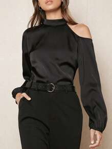 BizChic Asymmetrical Neck Lantern Sleeve Top - Black - View 3