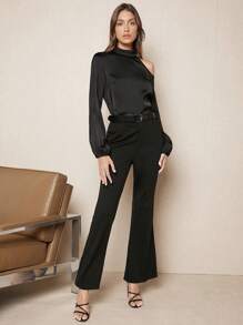 BizChic Asymmetrical Neck Lantern Sleeve Top - Black - View 5