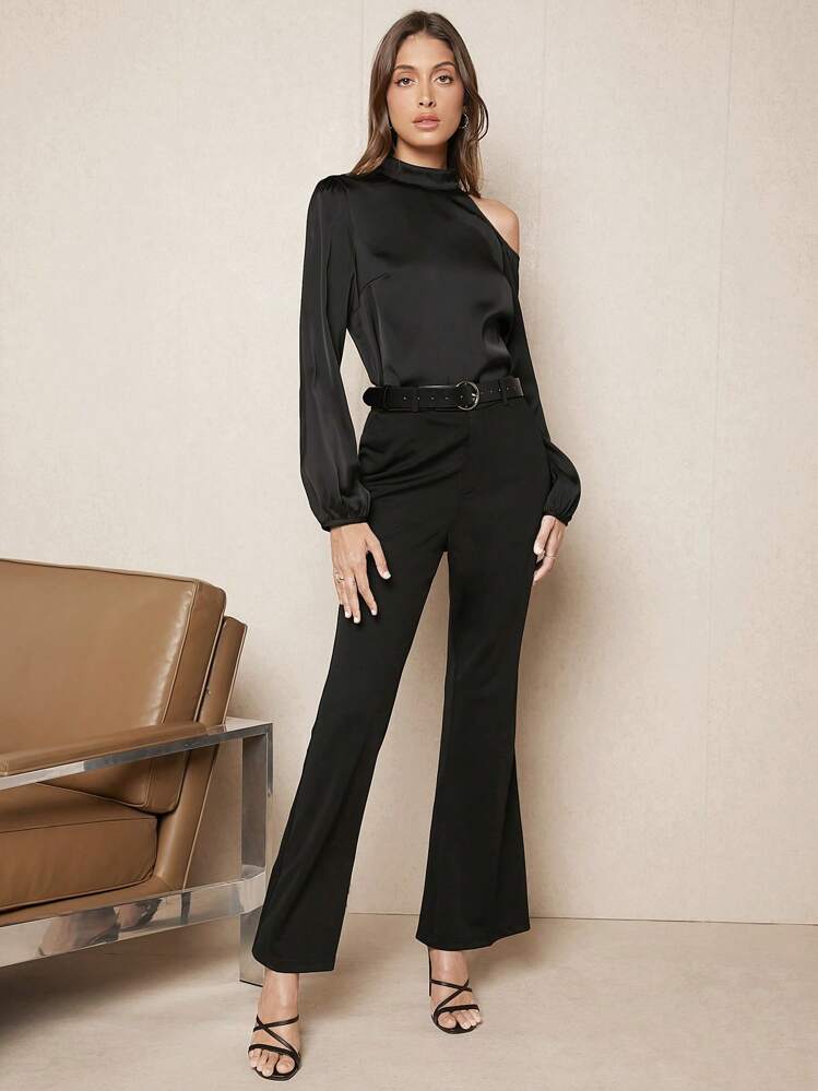 SHEIN BIZwear 不對稱領燈籠袖上衣 - 黑色 - 查看 5