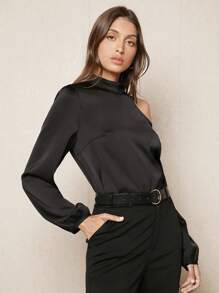 BizChic Asymmetrical Neck Lantern Sleeve Top - Black - View 6
