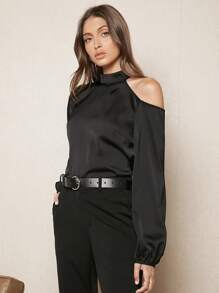 BizChic Asymmetrical Neck Lantern Sleeve Top - Black - View 7