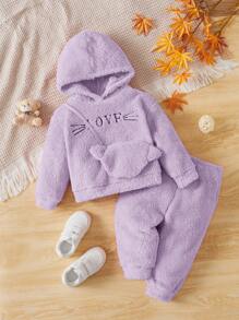 SHEIN 女嬰字母刺繡毛絨帽衫和褲子&包 - 紫丁香色 - 查看 1