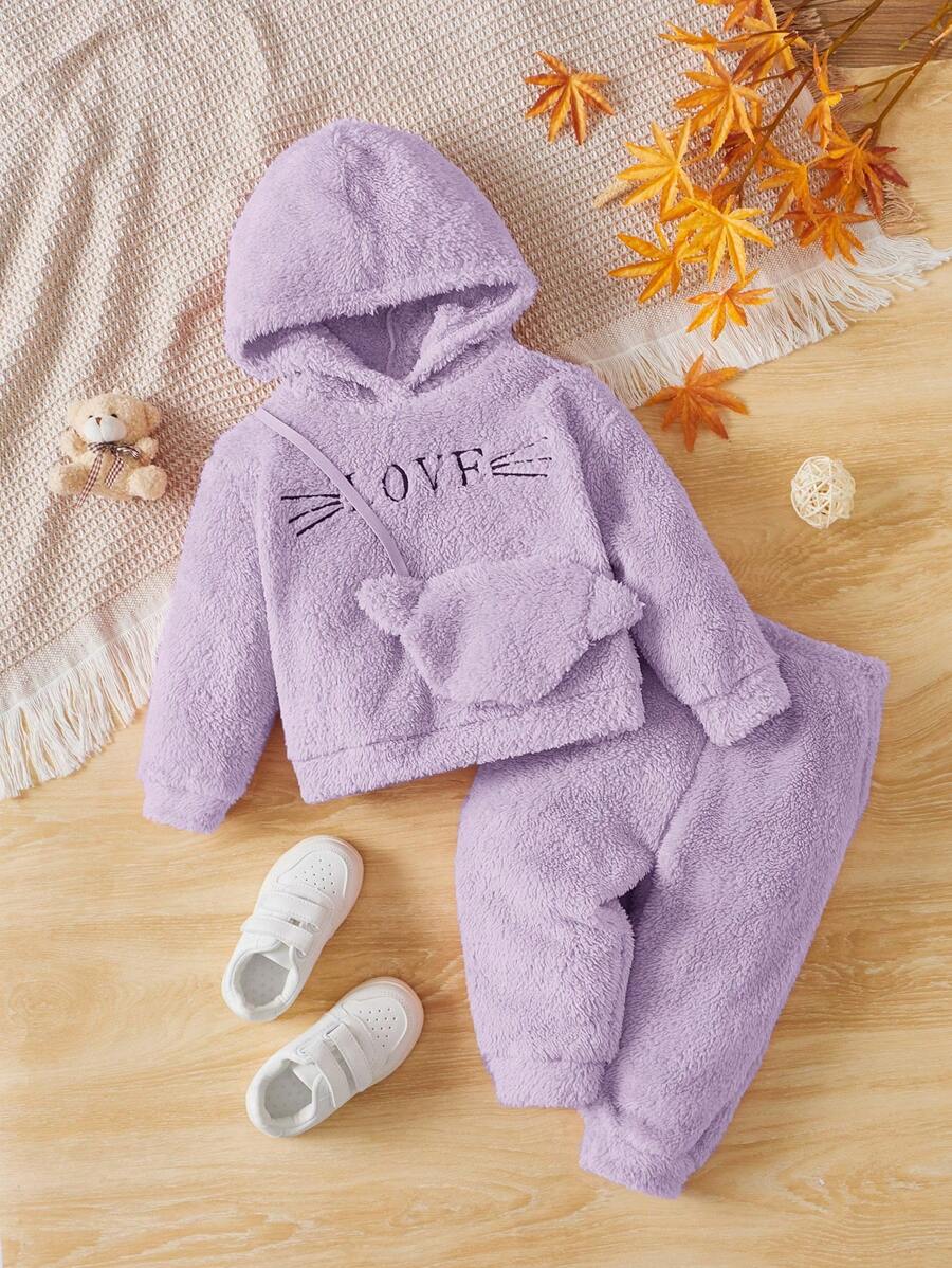 SHEIN 女嬰字母刺繡毛絨帽衫和褲子&包 - 紫丁香色 - 查看 1