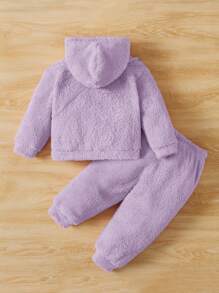 SHEIN 女嬰字母刺繡毛絨帽衫和褲子&包 - 紫丁香色 - 查看 2