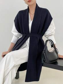 DAZY Women's Casual Business Office Knitted Cardigan, Mid-Length Top, Autumn/Winter - Navy Blue - View 1