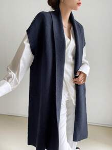 DAZY Women's Casual Business Office Knitted Cardigan, Mid-Length Top, Autumn/Winter - Navy Blue - View 4