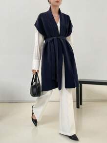 DAZY Women's Casual Business Office Knitted Cardigan, Mid-Length Top, Autumn/Winter - Navy Blue - View 5