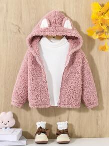 SHEIN Baby Girl 3D Ear Design Hooded Coral Fleece Coat Without Sweater - Dusty Pink - View 1