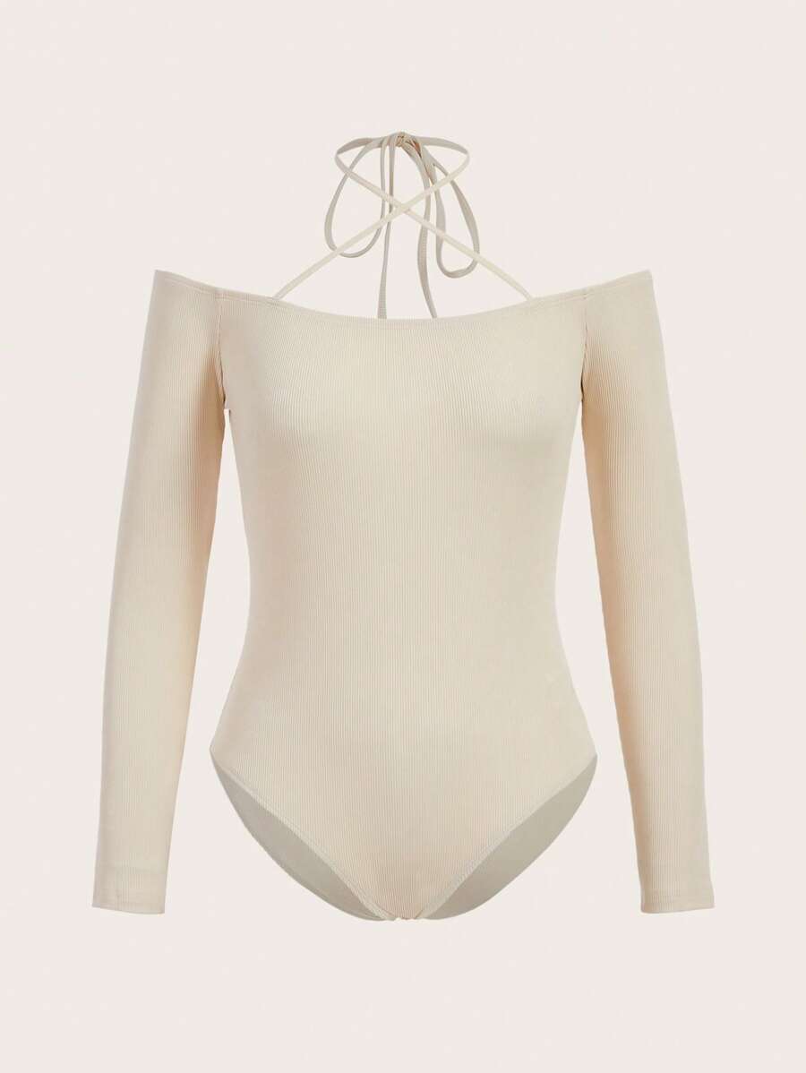 SHEINNeu 素色繞頸條紋針織連身背心 - 杏色 - 查看 1