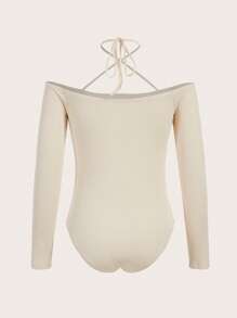 SHEINNeu 素色繞頸條紋針織連身背心 - 杏色 - 查看 2