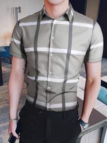 Manfinity Mode Nam In kẻ sọc Áo sơ mi - Màu Khaki - Xem 5