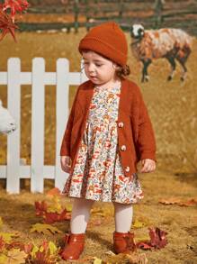 SHEIN Áo len cardigan dáng rộng cổ chữ V có nút, dài tay, phong cách thường ngày cho bé gái - Cà phê nâu - Xem 1