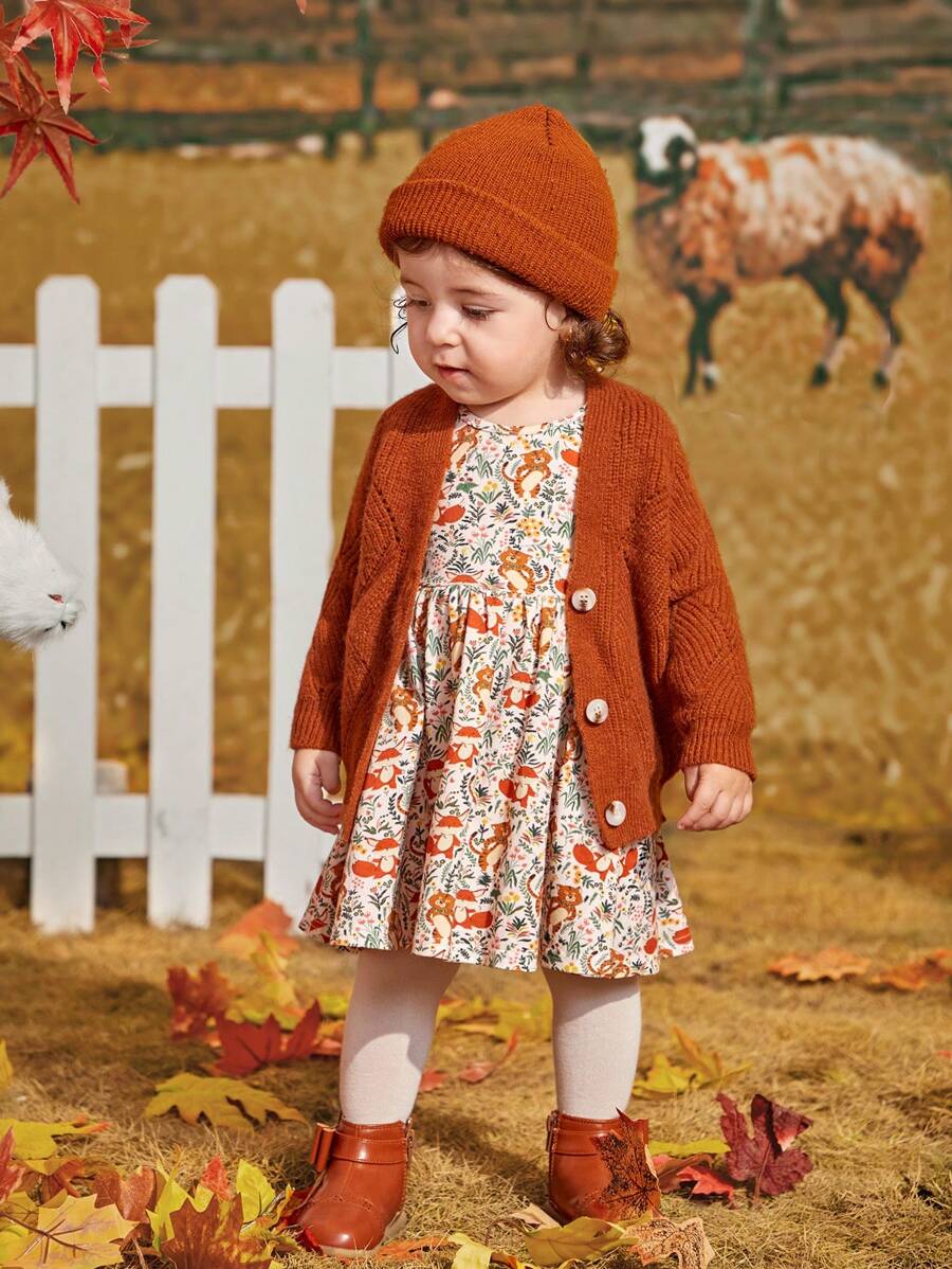 SHEIN Áo len cardigan dáng rộng cổ chữ V có nút, dài tay, phong cách thường ngày cho bé gái - Cà phê nâu - Xem 1