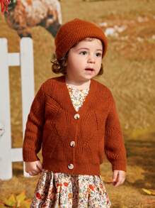 SHEIN Áo len cardigan dáng rộng cổ chữ V có nút, dài tay, phong cách thường ngày cho bé gái - Cà phê nâu - Xem 3