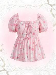 ROMWE Kawaii Rabbit Print Tie Front Puff Sleeve Tee - Pink - View 1