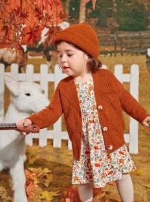 SHEIN Áo len cardigan dáng rộng cổ chữ V có nút, dài tay, phong cách thường ngày cho bé gái - Cà phê nâu - Xem 4