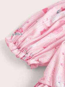 ROMWE Kawaii Rabbit Print Tie Front Puff Sleeve Tee - Pink - View 3