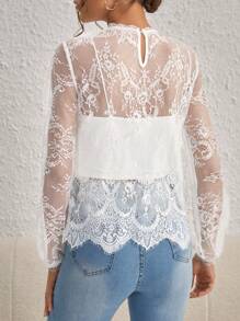 SHEIN Privé Mock Neck Lantern Sleeve Eyelash Lace Blouse Without Cami Top - White - View 2