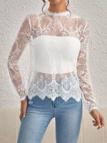 SHEIN Privé Mock Neck Lantern Sleeve Eyelash Lace Blouse Without Cami Top - White - View 3