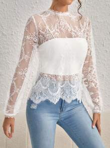 SHEIN Privé Mock Neck Lantern Sleeve Eyelash Lace Blouse Without Cami Top - White - View 4
