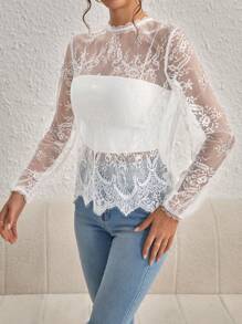 SHEIN Privé Mock Neck Lantern Sleeve Eyelash Lace Blouse Without Cami Top - White - View 5