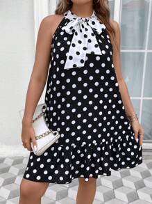 SHEIN Unity Plus Polka Dot Tie Neck Ruffle Hem Dress - Black and White - View 6
